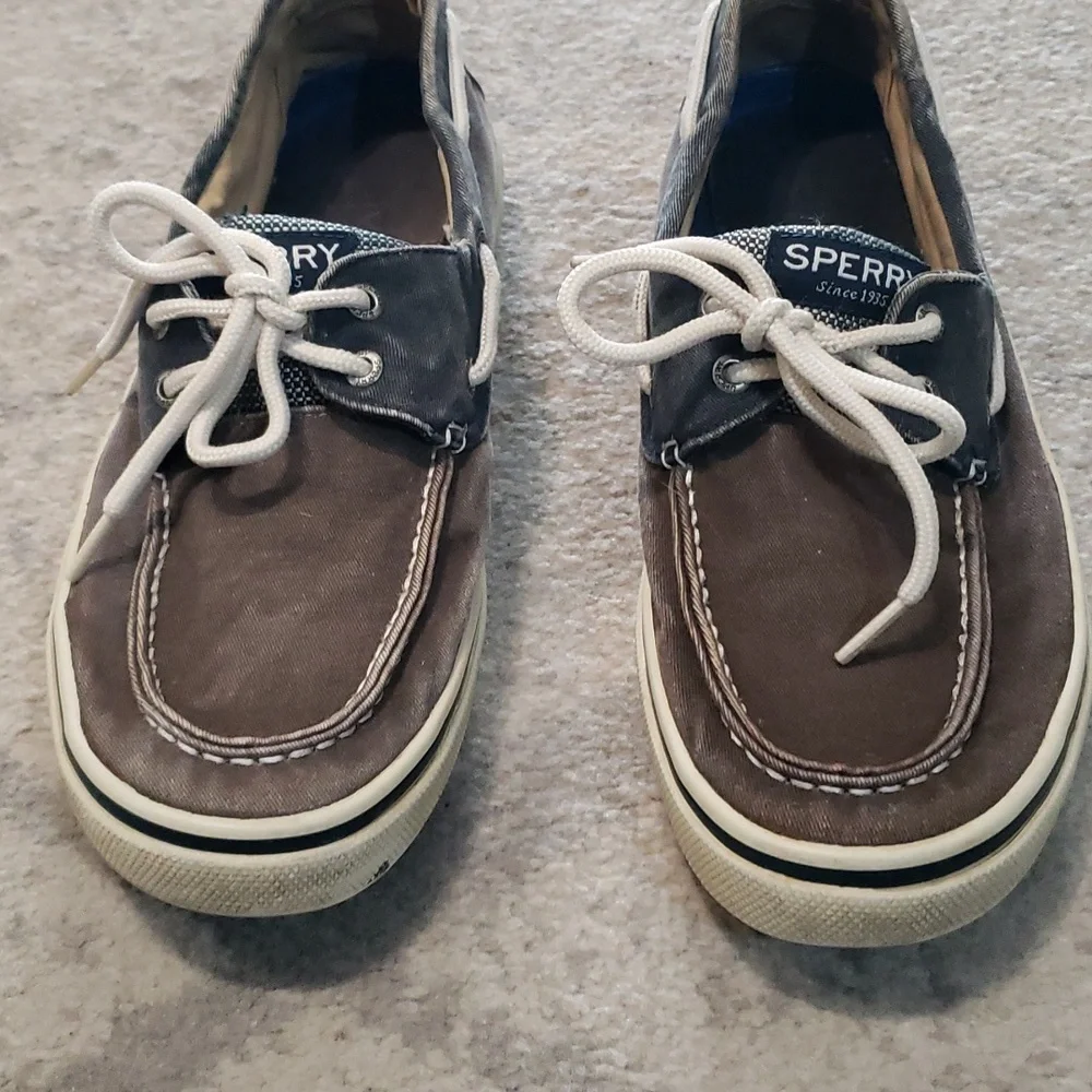 Sperry Top-Sider Men’s Blue and Dark Khaki Canvas Boat Shoes Lace Up Size 10.5M